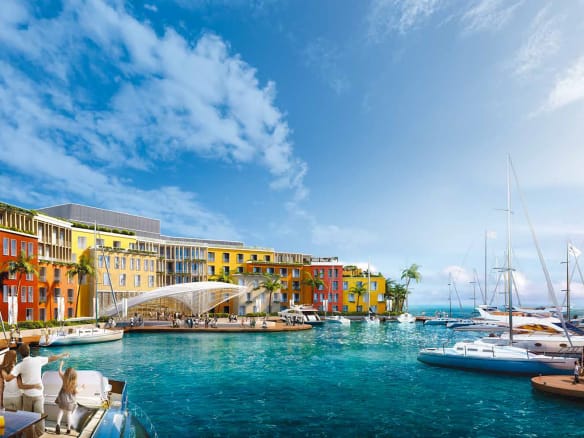 Colourful waterfront marina at Portofino Dubai with luxury apartments, yachts, and ocean views at The Heart of Europe