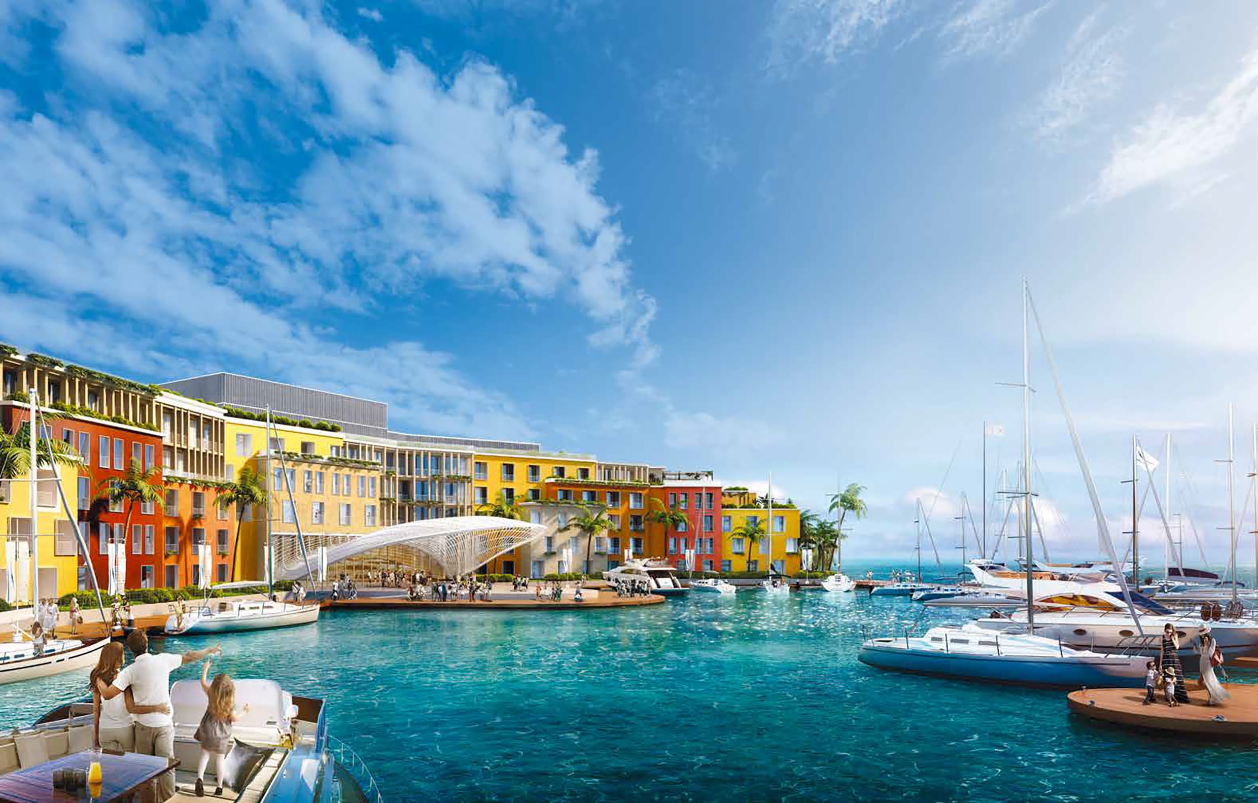 Colourful waterfront marina at Portofino Dubai with luxury apartments, yachts, and ocean views at The Heart of Europe