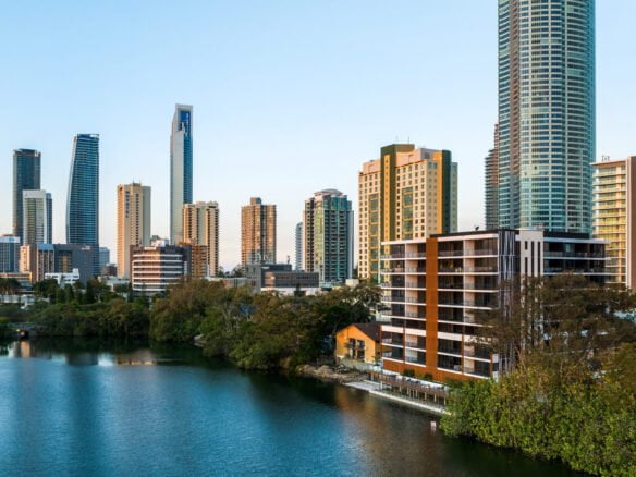 View of the Essentia Building from the river at Surfers Paradise.