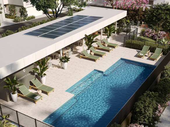 Aerial view of resort-style swimming pool and outdoor lounge area near luxury townhouse for sale in Rochedale Brisbane