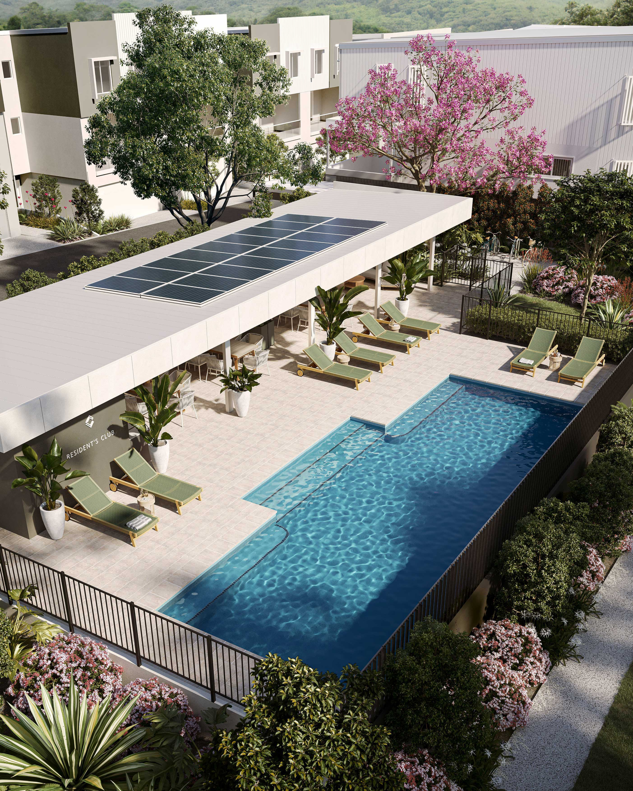 Aerial view of resort-style swimming pool and outdoor lounge area near luxury townhouse for sale in Rochedale Brisbane
