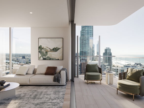 Lounge, balcony area of a 3-bedroom apartment with stunning views at 26 Vista, Surfers Paradise