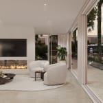 Elegant residents’ lounge at Capri Residences, Isle of Capri featuring designer fireplace, plush seating, open-plan layout and views to the tropical resort-style pool and landscaped gardens.