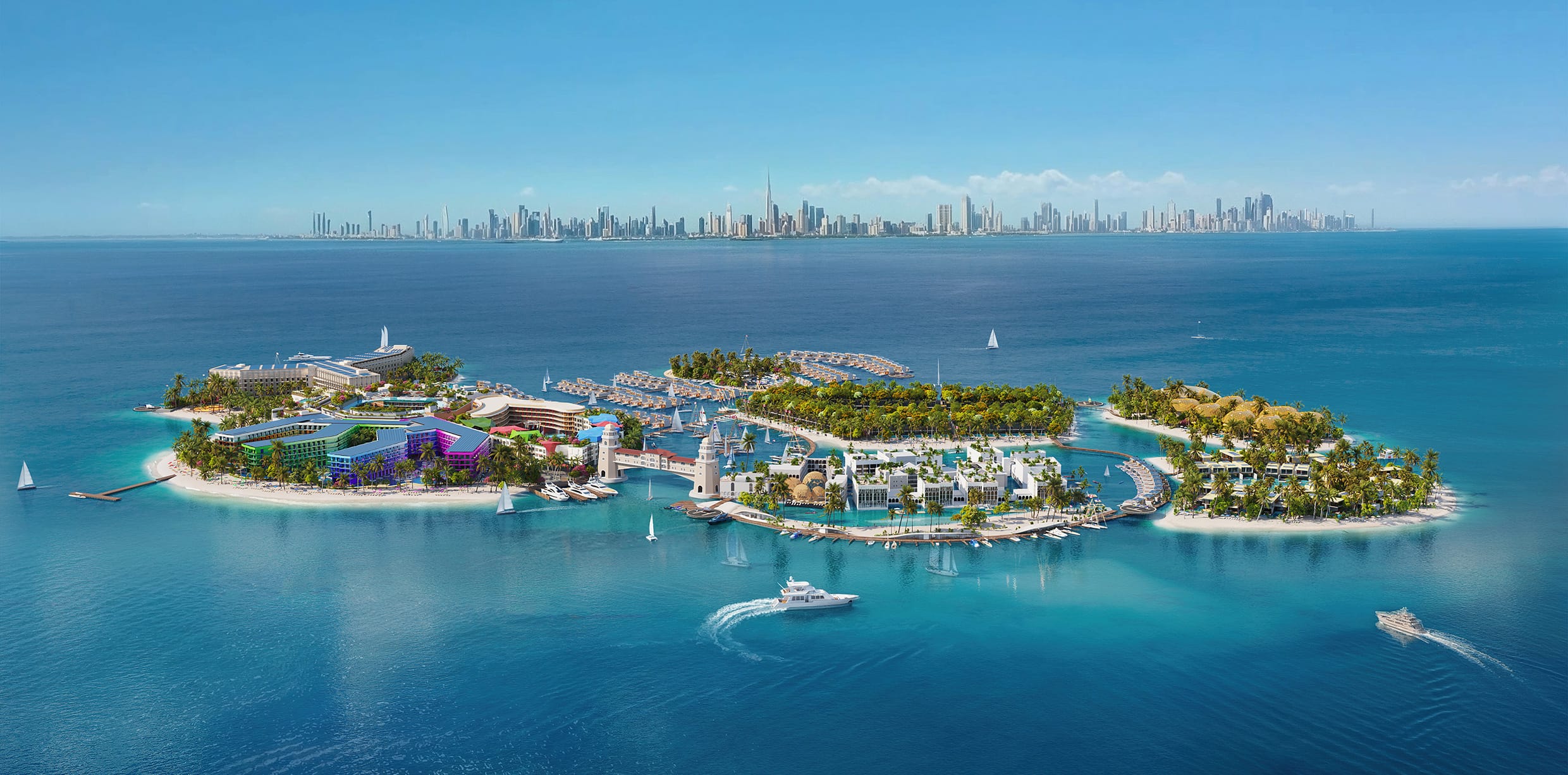 Masterplan view of The Heart of Europe Dubai, highlighting themed islands, luxury villas and resort precincts across a private island destination