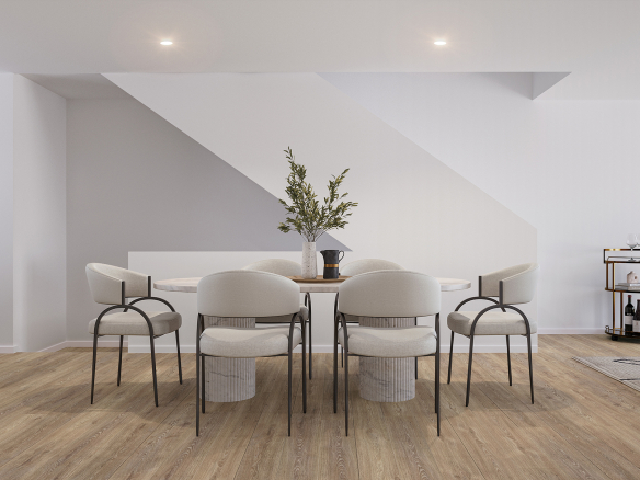 Modern Rochedale townhouse dining space featuring timber floors, neutral styling, and open-plan living