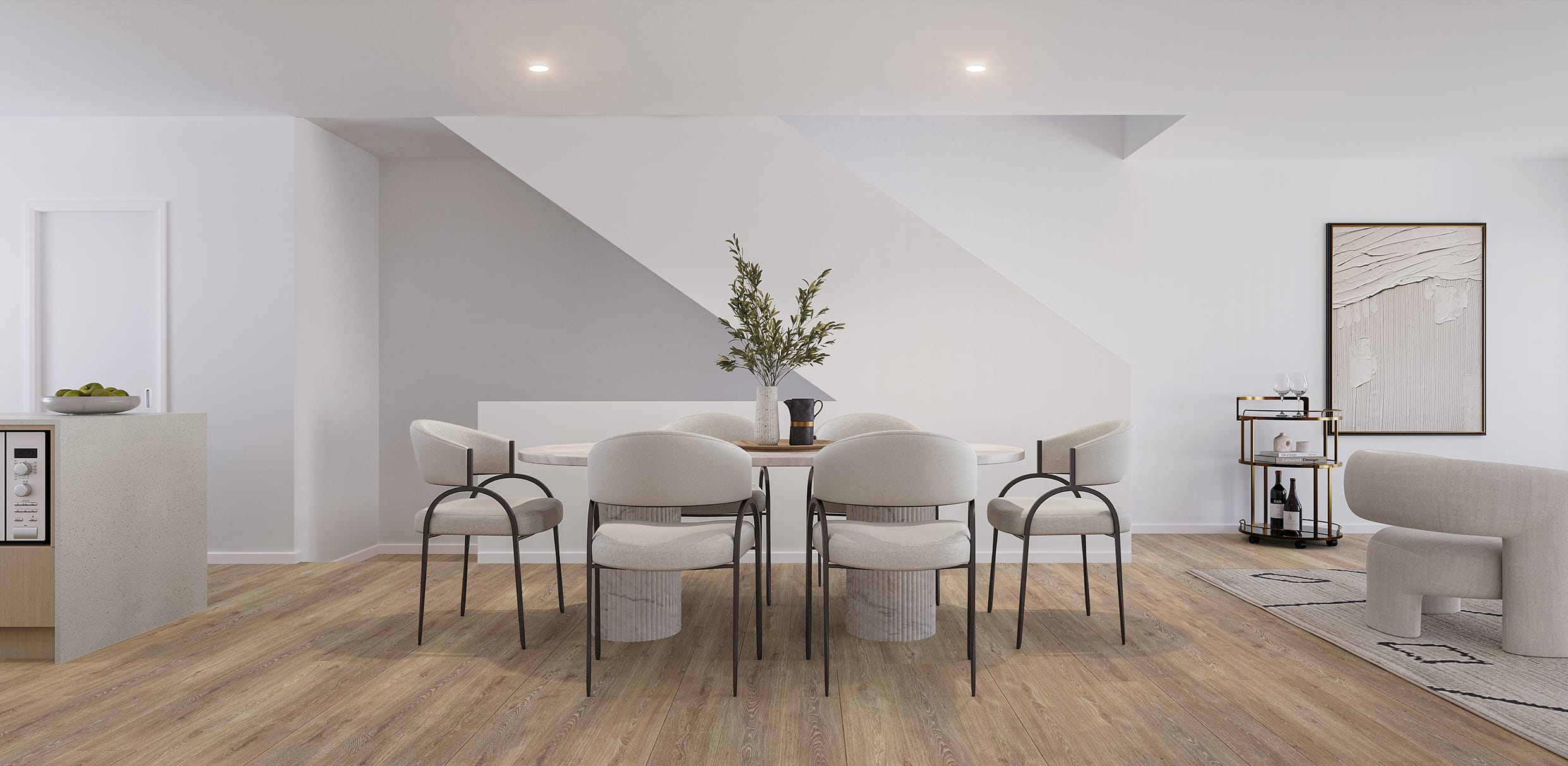 Modern Rochedale townhouse dining space featuring timber floors, neutral styling, and open-plan living