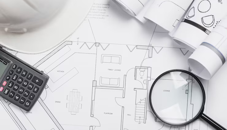 property investment strategy with architectural floor plans, calculator and design documents