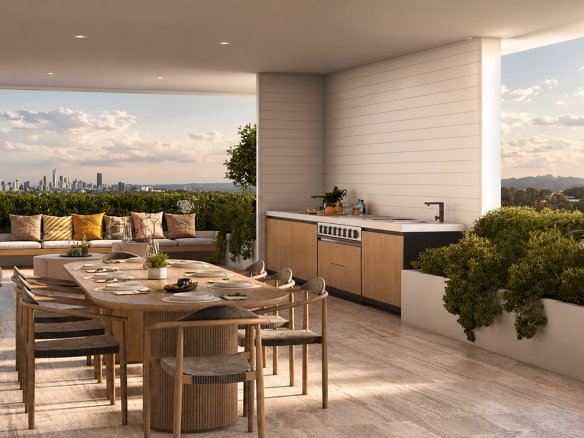 Artist’s impression of a rooftop entertaining area with outdoor dining, barbecue and Gold Coast skyline views.