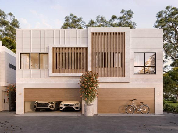 Front elevation of modern four-bedroom townhomes in Albany Creek, Brisbane.
