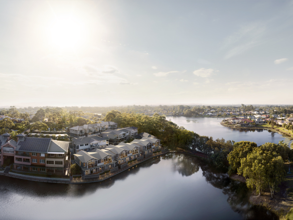 Artist’s impression of lakeside townhouses in Robina, Gold Coast, viewed from above with waterfront balconies and surrounding greenery.