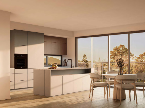 Artist’s impression of an Everton Park townhouse kitchen and dining area with island bench, full-height glazing and balcony outlook.